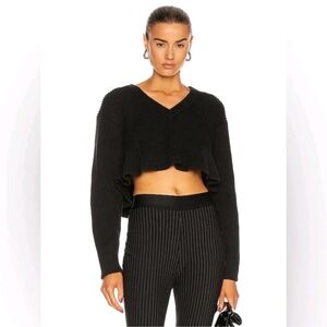 ALEXANDER WANG Cropped V Neck Ribbed Peplum Pullover Sweater in Black Size Small